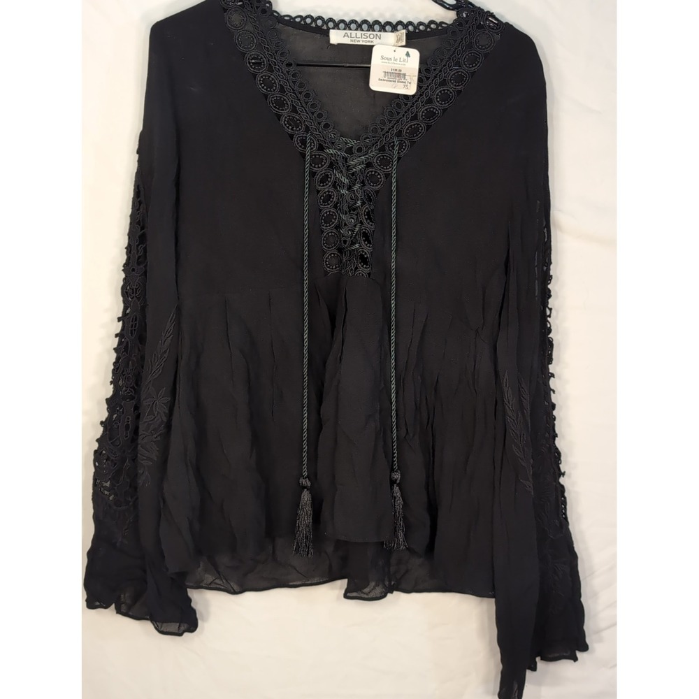 Allison New York Black Embroidered Sleeve Lace Up Tassel Top XS NWT